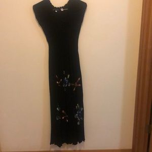 Black flower print dress.